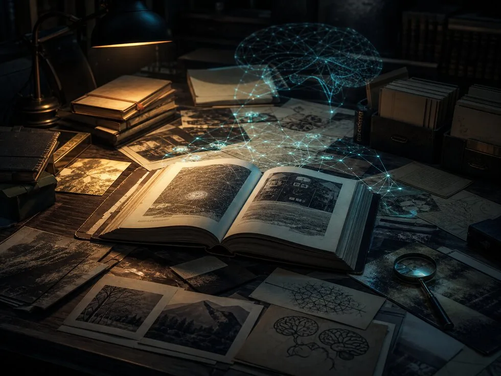 An archive table with documents and neural projections, symbolizing evidence and memory.