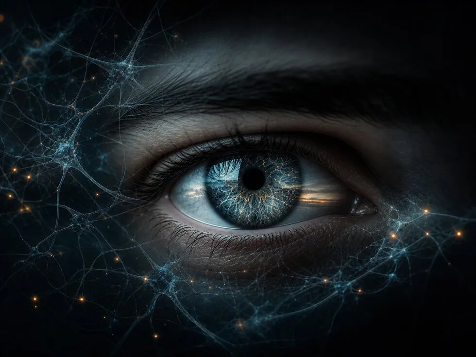 A human eye surrounded by neural light paths, symbolizing chosen attention.