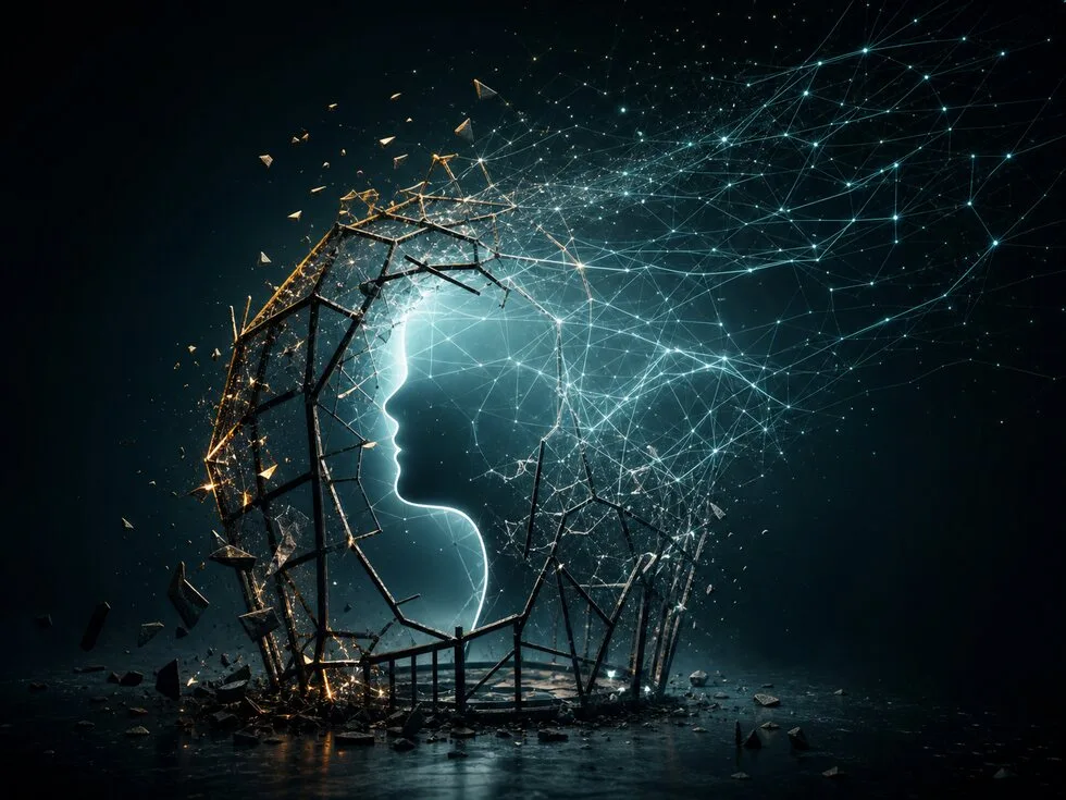 A geometric cage dissolving into neural light, symbolizing resistance to coercion.